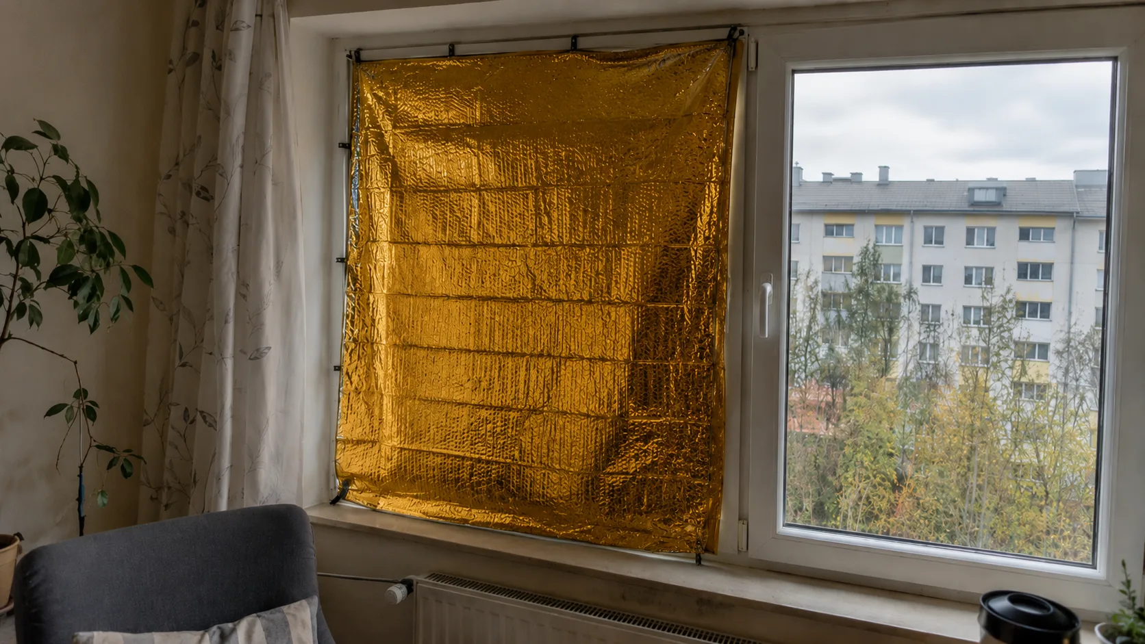 Koc termiczny powieszony w oknie według poradnika jak powiesić koc termiczny w oknie